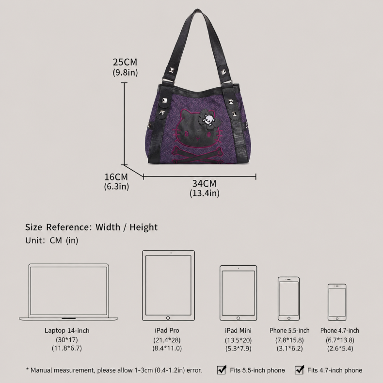 Kawaii Goth Hello Kitty Crossbody Bag with Skull Bow